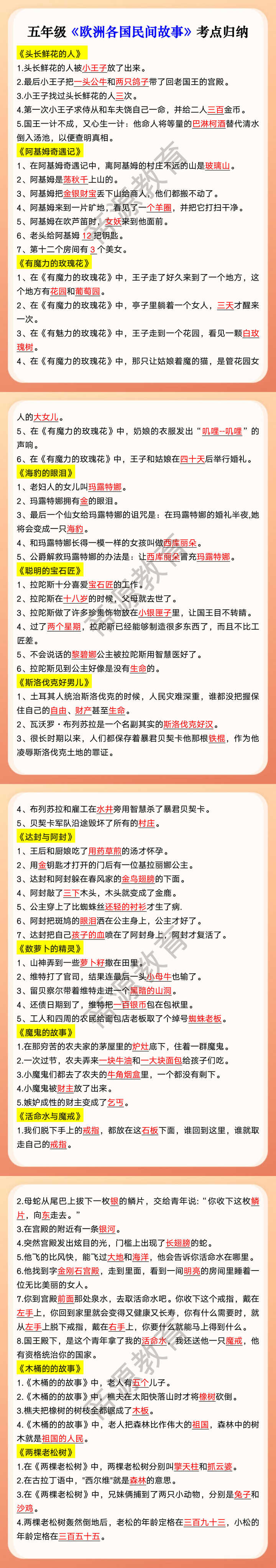 五年级《欧洲各国民间故事》考点归纳