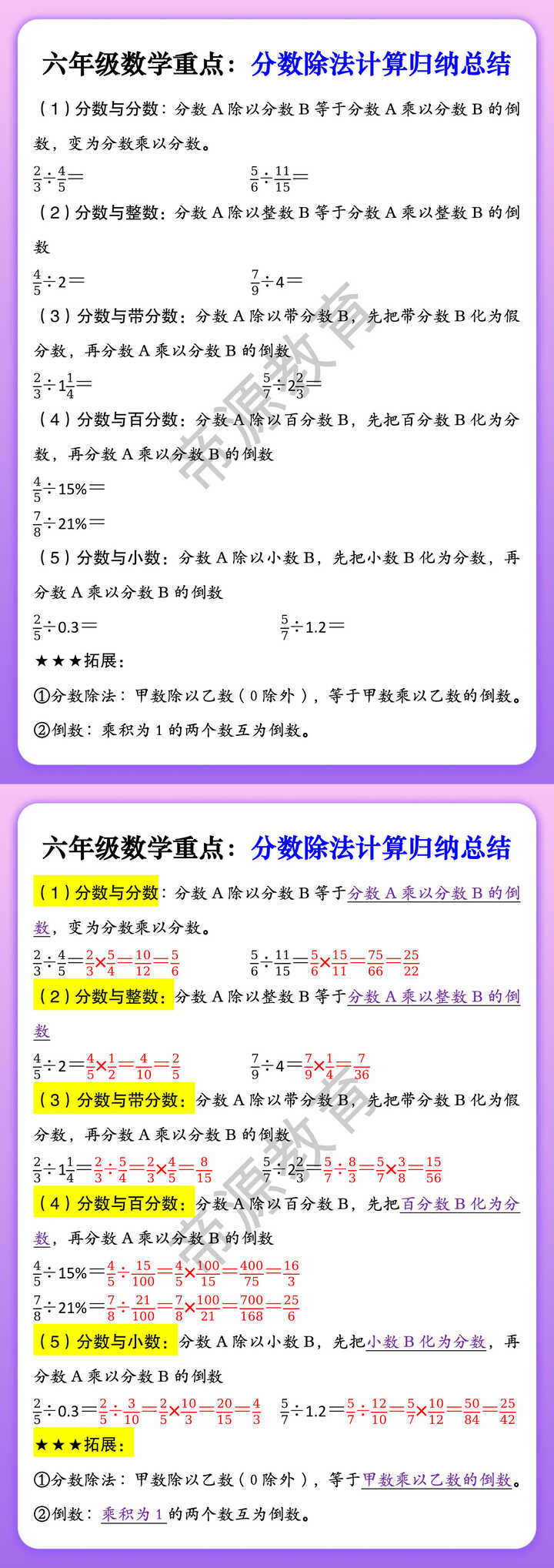 六年级数学重点：分数除法计算归纳总结