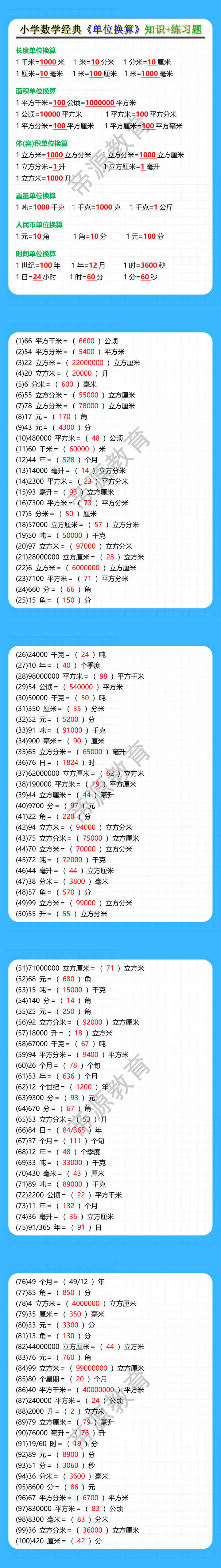 小学数学经典《单位换算》知识+练习题