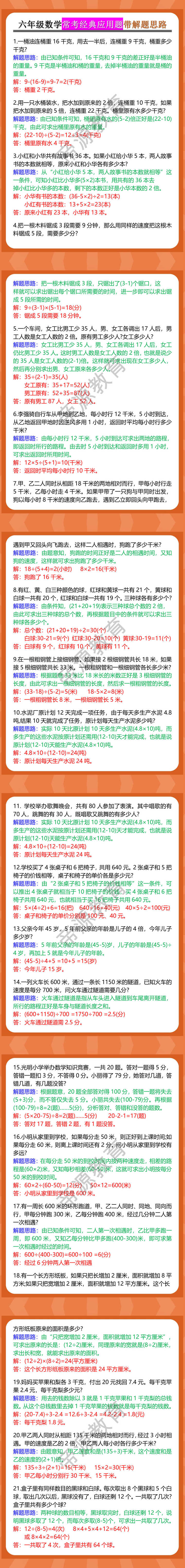 六年级数学常考经典应用题带解题思路