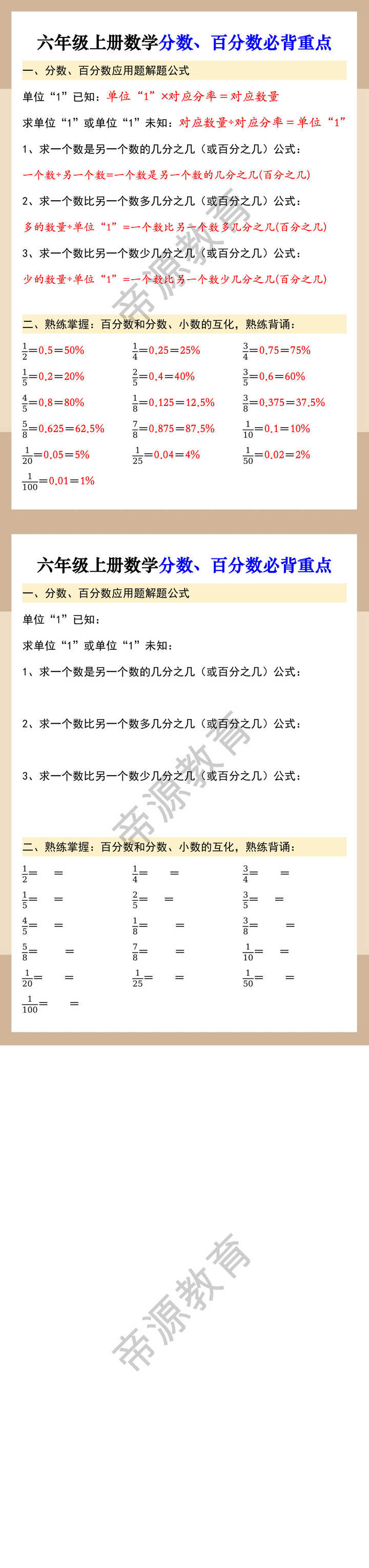 六年级上册数学分数、百分数必背重点