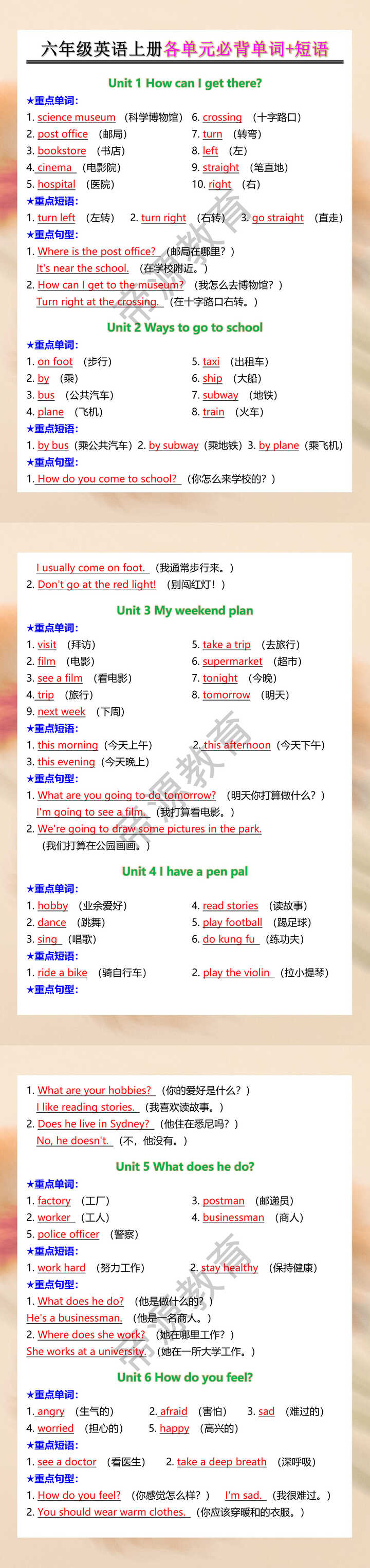 六年级英语上册各单元必背单词+短语