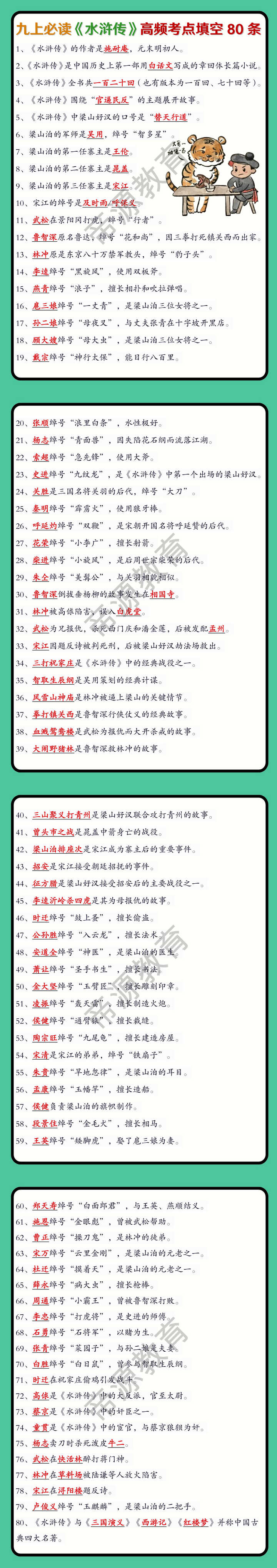 九上语文必读《水浒传》高频考点填空80条
