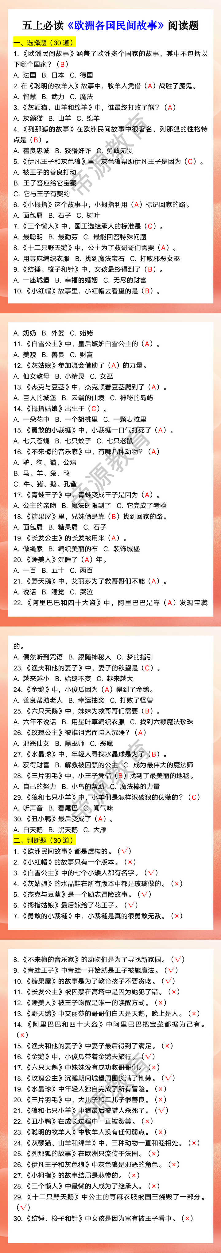 五上必读《欧洲各国民间故事》阅读题