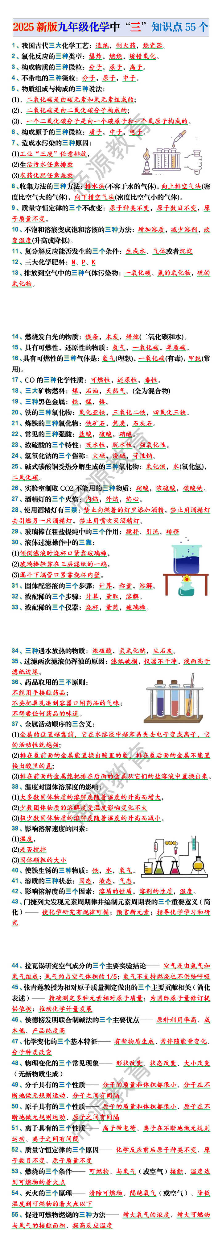 2025新版九年级化学中“三”知识点55个