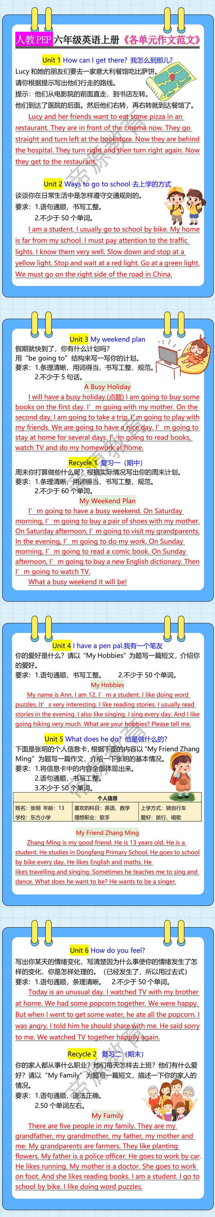 人教PEP六年级英语上册《各单元作文范文》