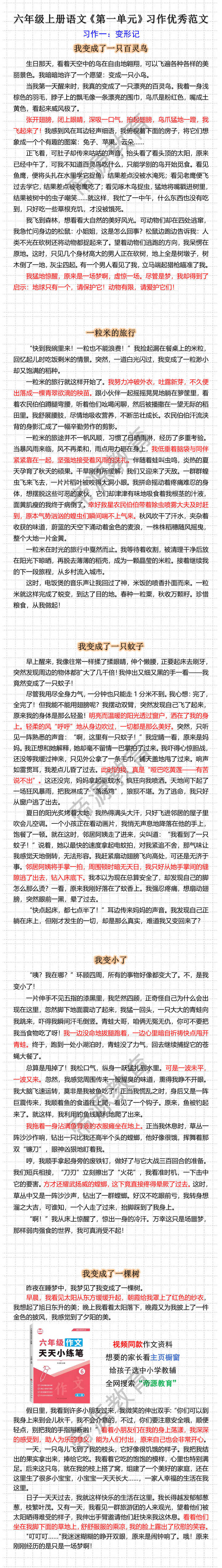 六年级上册语文《第一单元》习作优秀范文