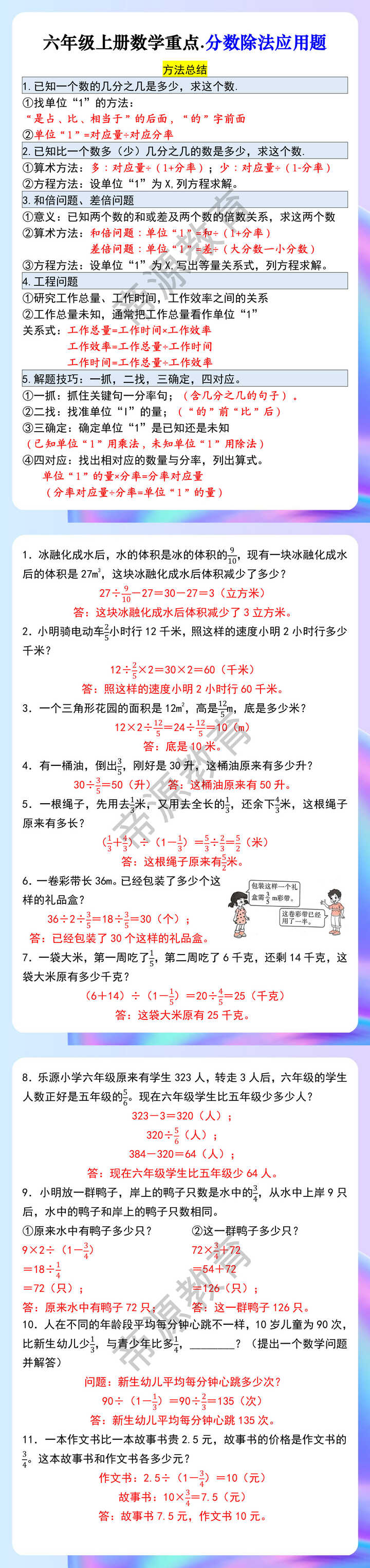 六年级上册数学重点.分数除法应用题