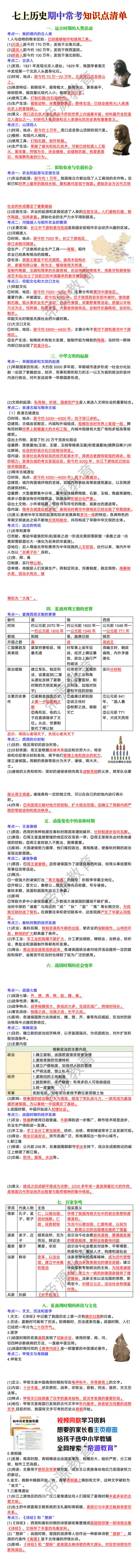 七年级上册历史期中常考知识点清单