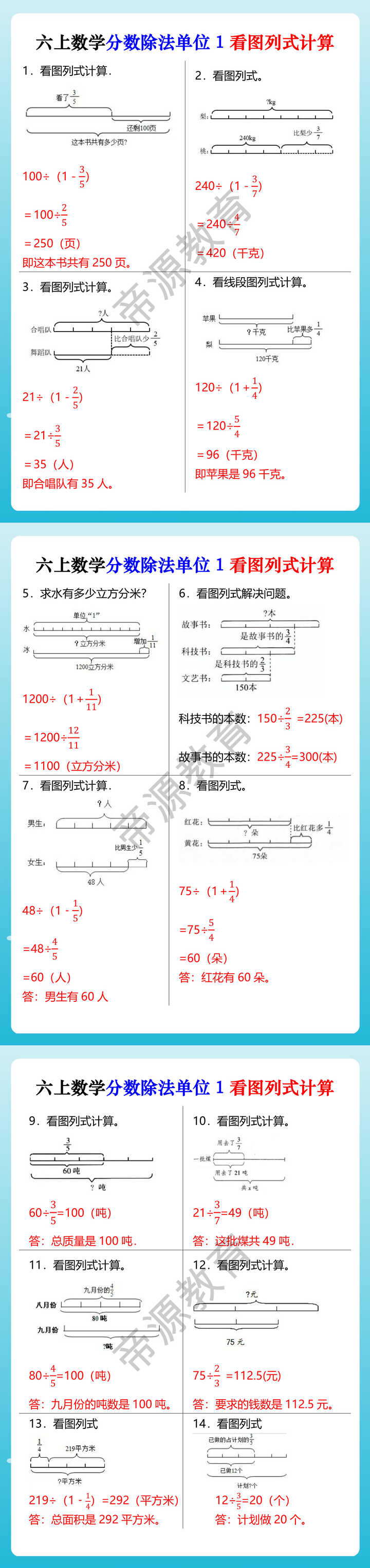 六上数学分数除法单位1看图列式计算