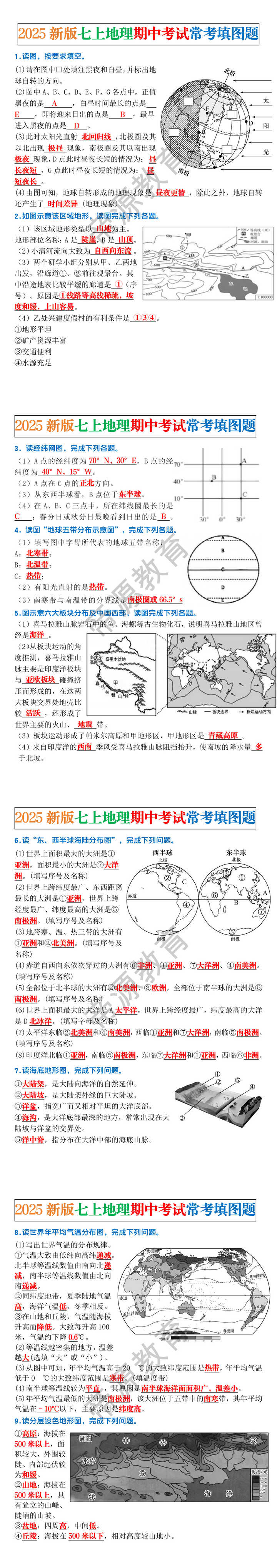 2025新版七上地理期中考试常考填图题
