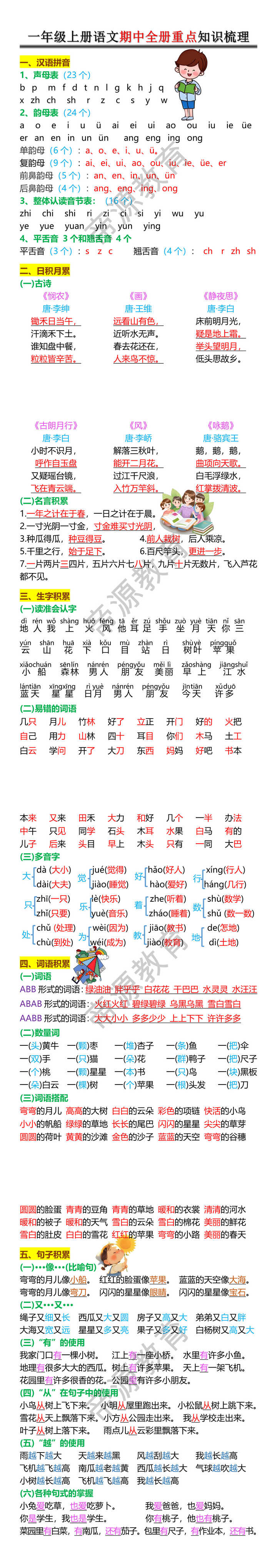 一年级上册语文期中全册重点知识梳理