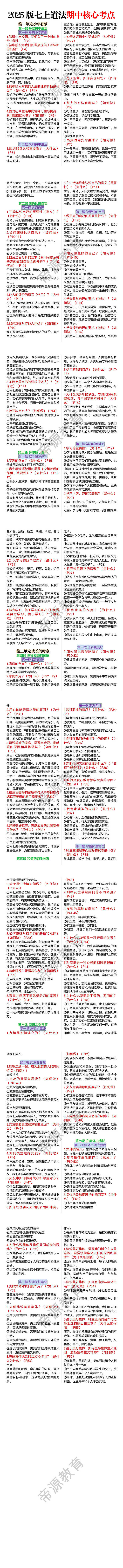 2025版七年级上册道法期中核心考点